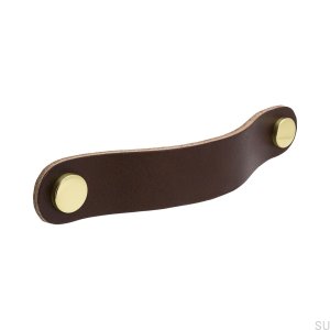 Langer Möbelgriff Loop Round 128, Leder, braun mit Messing