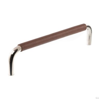 Länglicher Möbelgriff LS 7353 96 Poliertes Nickel mit braunem Leder