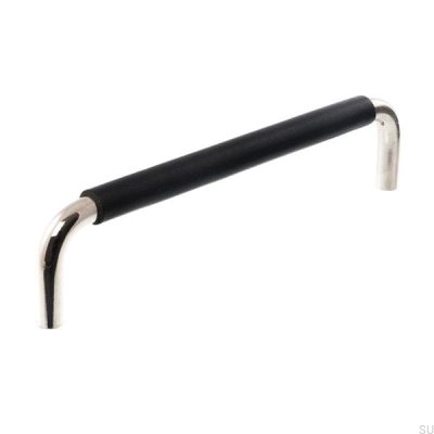 Länglicher Möbelgriff LS 7353 96 Poliertes Nickel mit schwarzem Leder