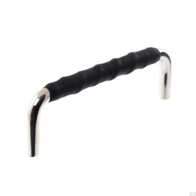 Länglicher Möbelgriff LL 7353 96 Poliertes Nickel mit schwarzem Leder