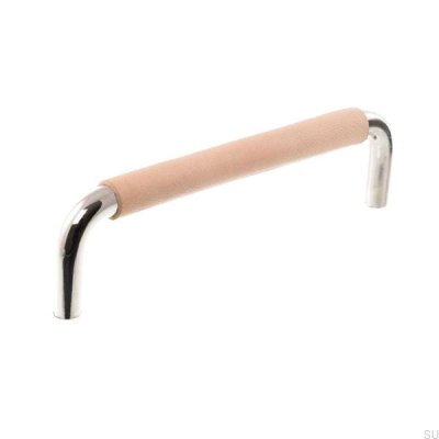 Länglicher Möbelgriff LS 7353 96 Poliertes Nickel mit Naturleder