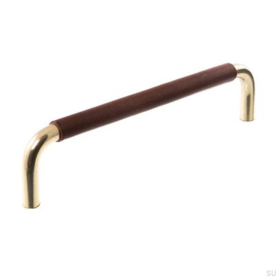 Länglicher Möbelgriff LS 7353 96 Poliertes Gold mit dunkelbraunem Leder