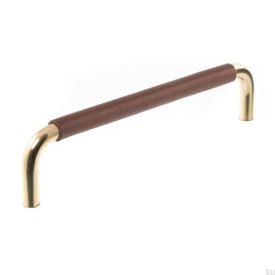 Länglicher Möbelgriff LS 7353 96 Poliertes Gold mit braunem Leder