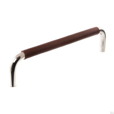 Länglicher Möbelgriff LS 7353 128 Poliertes Nickel mit dunkelbraunem Leder