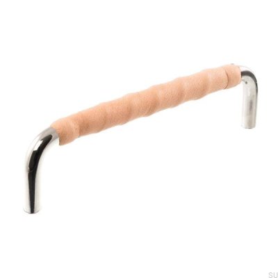 Länglicher Möbelgriff LL 7353 128 Poliertes Nickel mit Naturleder