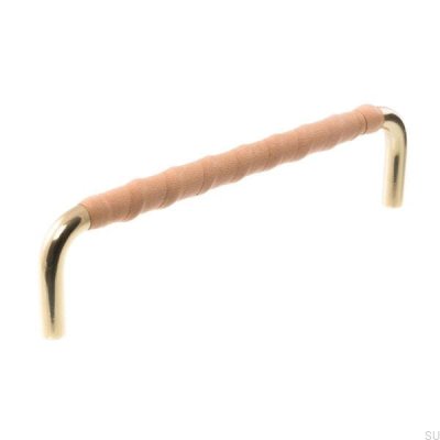 Länglicher Möbelgriff LL 7353 128 Poliertes Gold mit Naturleder