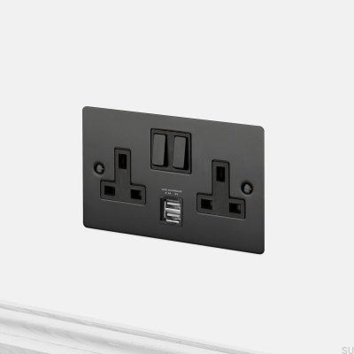 Zwei USB 3.1A Typ G UK 2G-Buchsen, Stahl, Schwarz, Britischer Standard