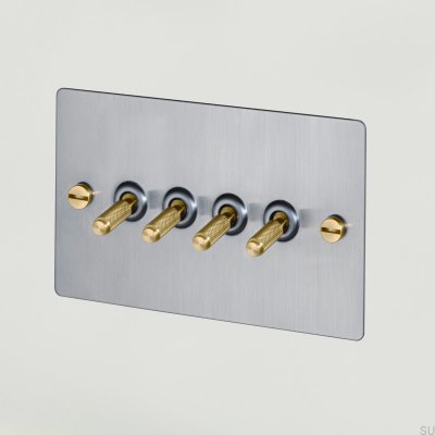 Cross 4G Vierfachschalter, Stahl Silber mit Messing, britischer Standard