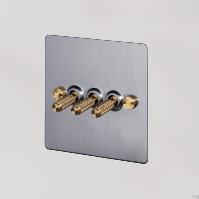 Dreifach-Kreuzschalter 3G Stahl Silber mit Messing Britischer Standard