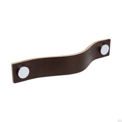 Länglicher Möbelgriff Loop 128 Leder Braun mit Chrom