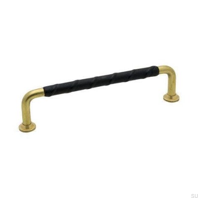 Länglicher Möbelgriff 1353 128 Gold Messing Unlackiertes schwarzes Naturleder