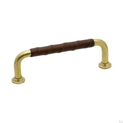 Länglicher Möbelgriff 1353 96 Gold Messing Unlackiert Naturbraunes Leder