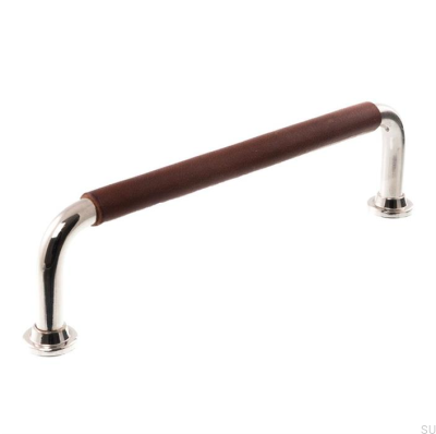 Länglicher Möbelgriff LS 1353 96 Poliertes Nickel mit dunkelbraunem Leder