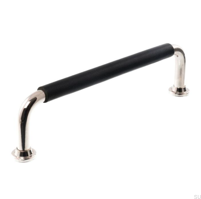 Länglicher Möbelgriff LS 1353 96, poliertes Nickel mit schwarzem Leder
