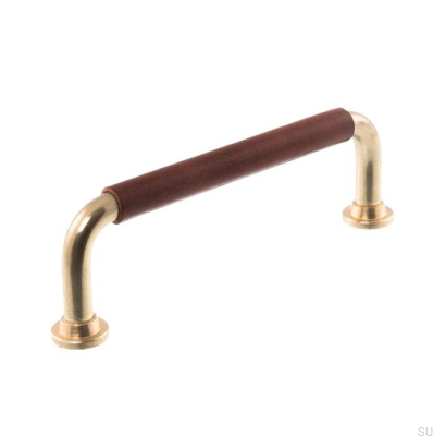 Länglicher Möbelgriff LS 1353 96 Poliertes Messing mit dunkelbraunem Leder