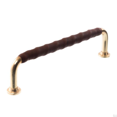 Länglicher Möbelgriff LL 1353 96 Poliertes Messing mit dunkelbraunem Leder