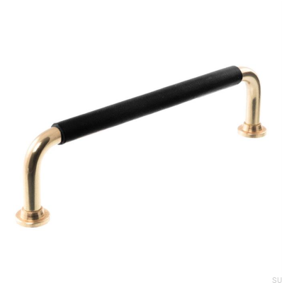 Länglicher Möbelgriff LS 1353 96 Poliertes Messing mit schwarzem Leder
