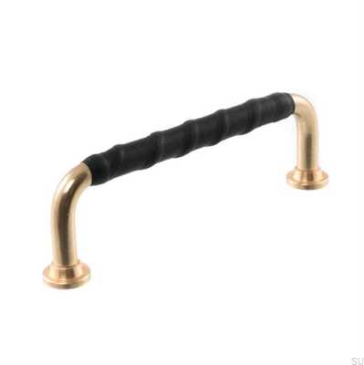 Länglicher Möbelgriff LL 1353 96 Poliertes Messing mit schwarzem Leder