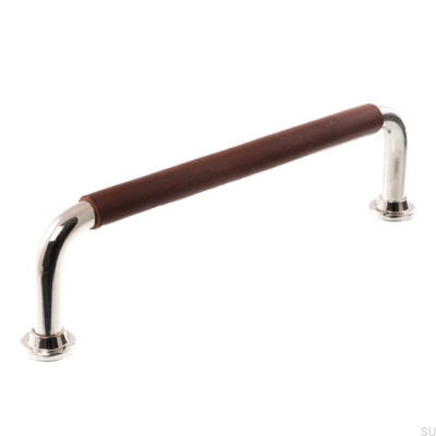 Länglicher Möbelgriff 1132LS 1353 128 Poliertes Nickel mit braunem Leder