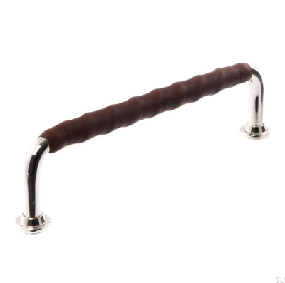 Länglicher Möbelgriff 1132LL 1353 128 Poliertes Nickel mit braunem Leder
