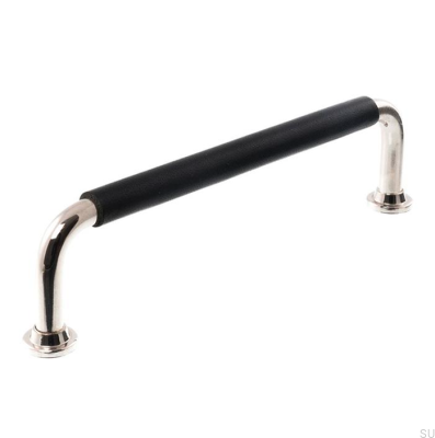 Länglicher Möbelgriff LS 1353 128 Poliertes Nickel mit schwarzem Leder
