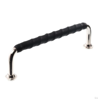 Länglicher Möbelgriff LL 1353 128 Poliertes Nickel mit schwarzem Leder
