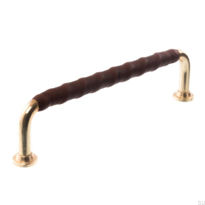 Länglicher Möbelgriff 0132LL 1353 128 Poliertes Messing mit braunem Leder