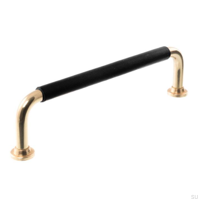 Länglicher Möbelgriff LS 1353 128 Poliertes Messing mit schwarzem Leder