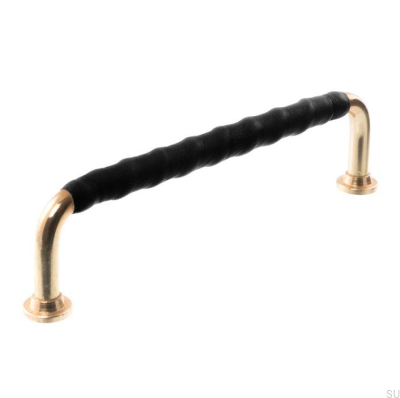 Länglicher Möbelgriff LL 1353 128 Poliertes Messing mit schwarzem Leder