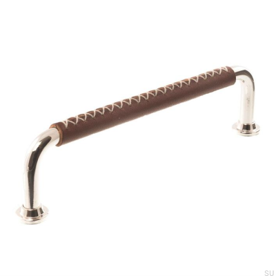 Länglicher Möbelgriff LX 1353 96 Poliertes Nickel mit braunem Leder