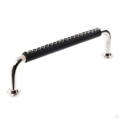 Länglicher Möbelgriff LX 1353 96 Poliertes Nickel mit schwarzem Leder