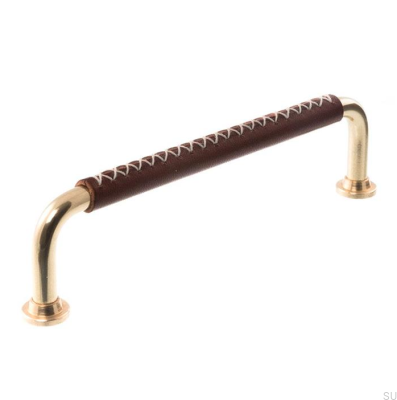 Länglicher Möbelgriff LX 1353 96 Poliertes Messing mit dunkelbraunem Leder