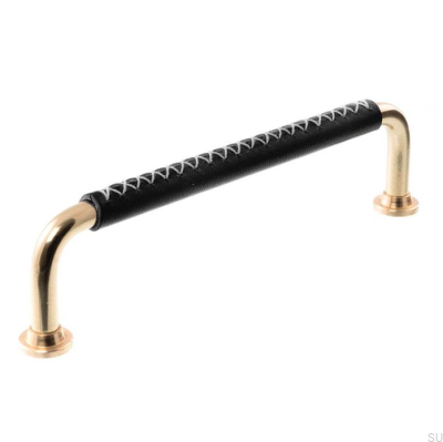 Länglicher Möbelgriff LX 1353 96 Poliertes Messing mit schwarzem Leder