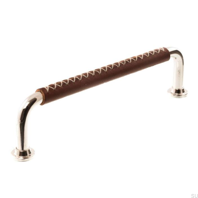 Länglicher Möbelgriff 1131LX 1353 128 Poliertes Nickel mit braunem Leder