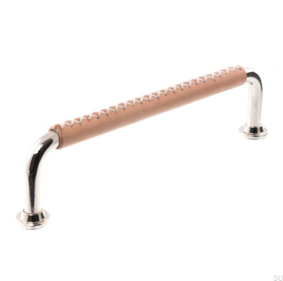 Länglicher Möbelgriff 1353 128 Poliertes Nickel mit Leder