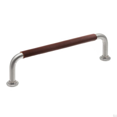 Länglicher Möbelgriff LS 1353 128 Gebürstetes Nickel mit dunkelbraunem Leder