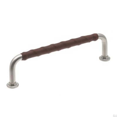 Länglicher Möbelgriff LL 1353 128 Gebürstetes Nickel mit dunkelbraunem Leder
