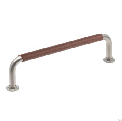 Länglicher Möbelgriff LS 1353 128 Gebürstetes Nickel mit braunem Leder