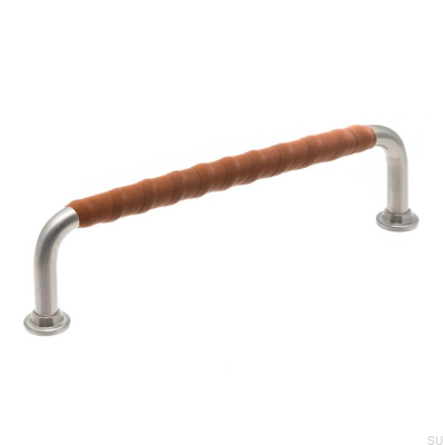 Länglicher Möbelgriff LL 1353 128 Gebürstetes Nickel mit braunem Leder