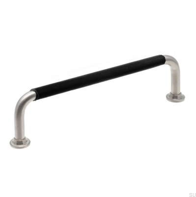 Länglicher Möbelgriff LS 1353 128 Gebürstetes Nickel mit schwarzem Leder