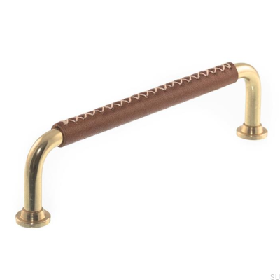 Länglicher Möbelgriff 0131LX 1353 128 Poliertes Messing mit braunem Leder