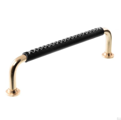 Länglicher Möbelgriff LX 1353 128 Poliertes Messing mit schwarzem Leder