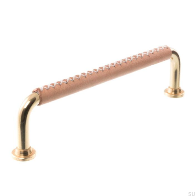 Länglicher Möbelgriff 1353 128 Poliertes Messing mit Leder