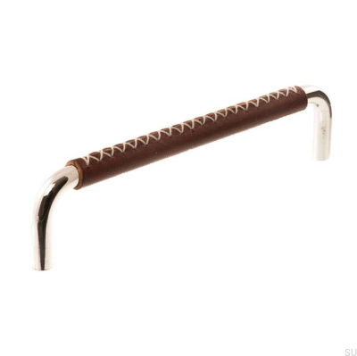 Länglicher Möbelgriff LX 7353 96 Poliertes Nickel mit braunem Leder