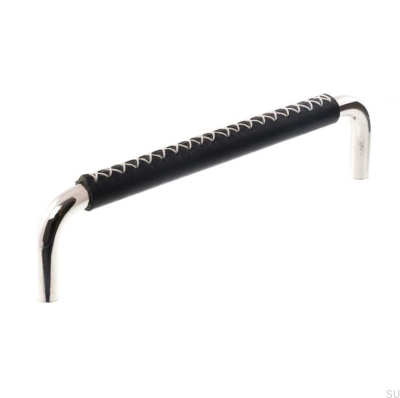 Länglicher Möbelgriff LX 7353 96 Poliertes Nickel mit schwarzem Leder