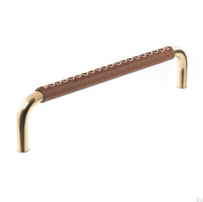 Länglicher Möbelgriff 7353 96 Poliertes Messing mit braunem Leder
