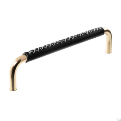 Länglicher Möbelgriff 7353 96 Poliertes Messing mit schwarzem Leder