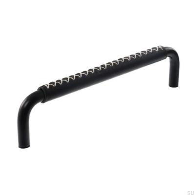 Länglicher Möbelgriff 7353 128 Mattschwarz mit schwarzem Leder