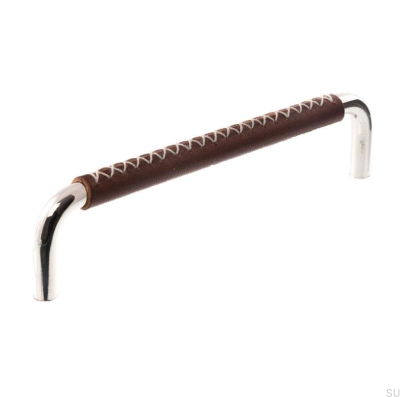 Länglicher Möbelgriff LX 7353 128 Poliertes Nickel mit dunkelbraunem Leder