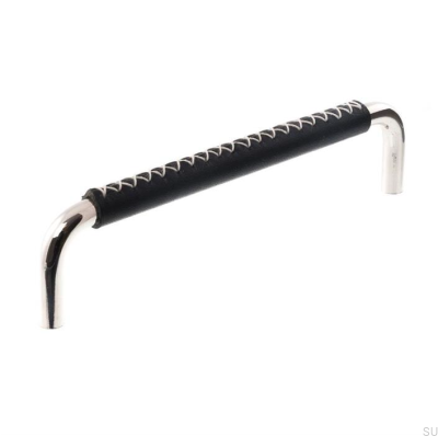 Länglicher Möbelgriff LX 7353 128 Poliertes Nickel mit schwarzem Leder
